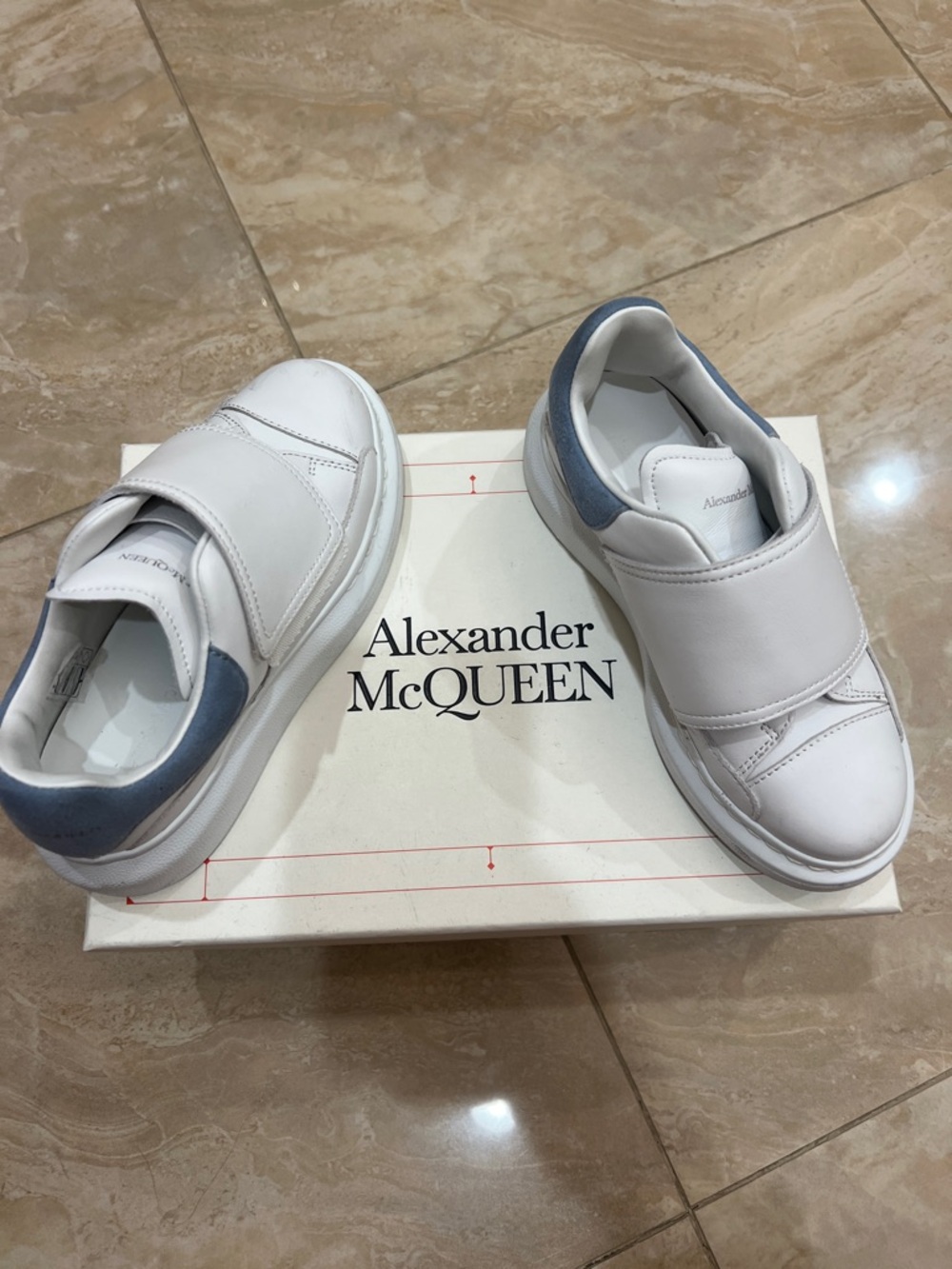 Alexander McQueen White Leather Slip-On Sneakers with Light Blue Heel